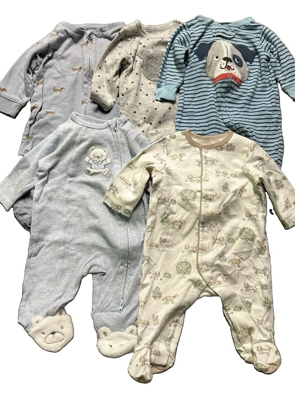 Baby Footie Pajamas Dogs Bears 2 Way Zipper Size 0-3 Months